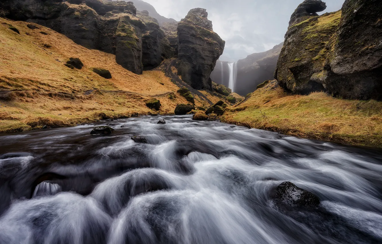 Фото обои природа, река, скалы, водопад, поток, Исландия