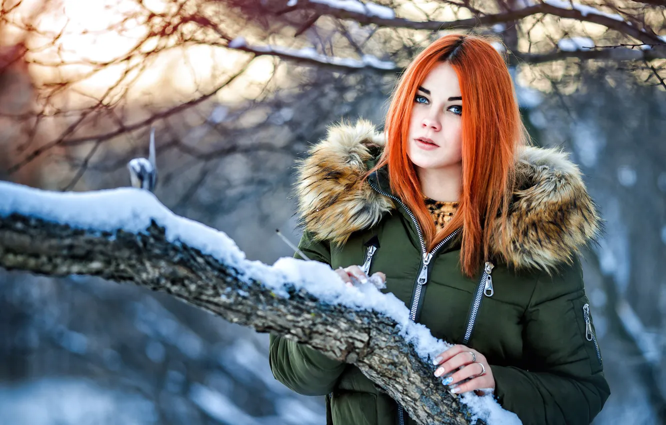 Фото обои зима, снег, куртка, капюшон, рыжеволосая, Masha Fox