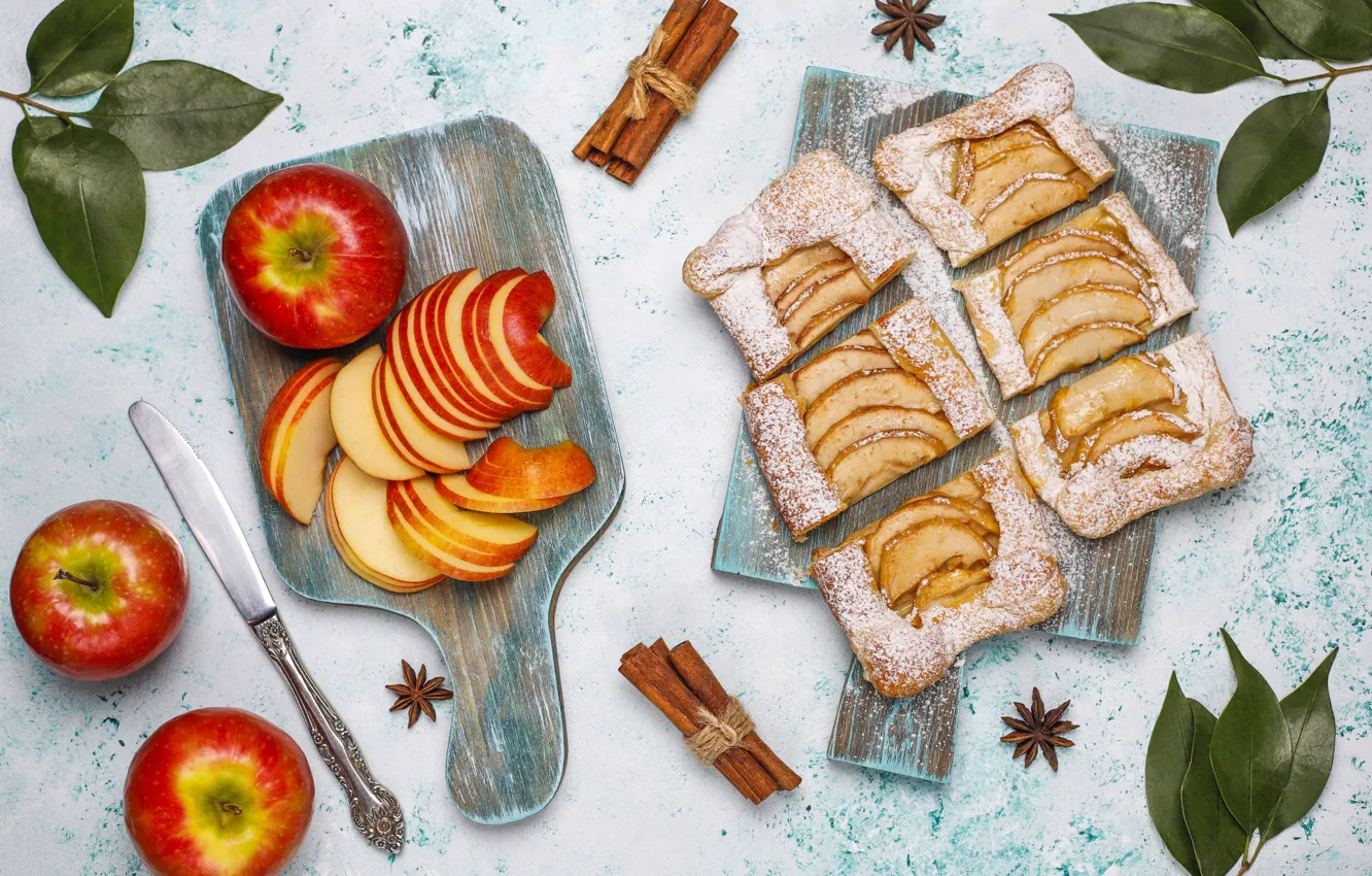 Фото обои яблоки, пирог, десерт, сахарная пудра, тесто, слоеное