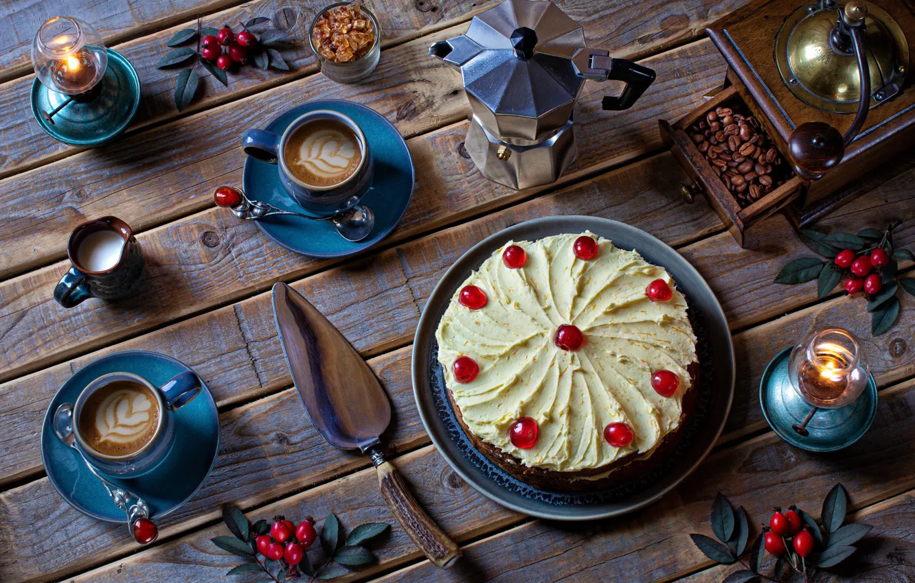 Фото обои стиль, ягоды, кофе, свечи, торт, натюрморт, кофейные зёрна, кофемолка