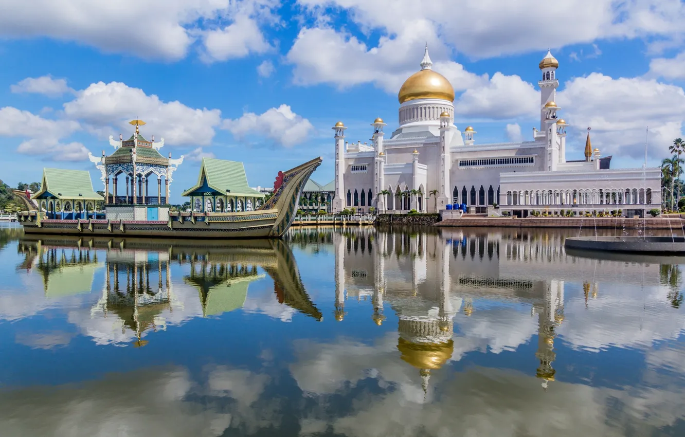 Фото обои вода, мечеть, Brunei, Бруней, Ali Saifuddin Mosque, Sultan Omar