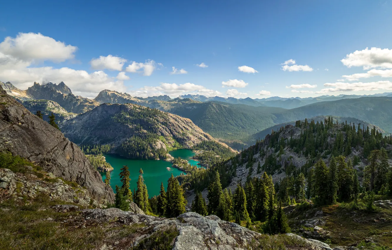 Фото обои лес, небо, солнце, облака, деревья, горы, камни, скалы