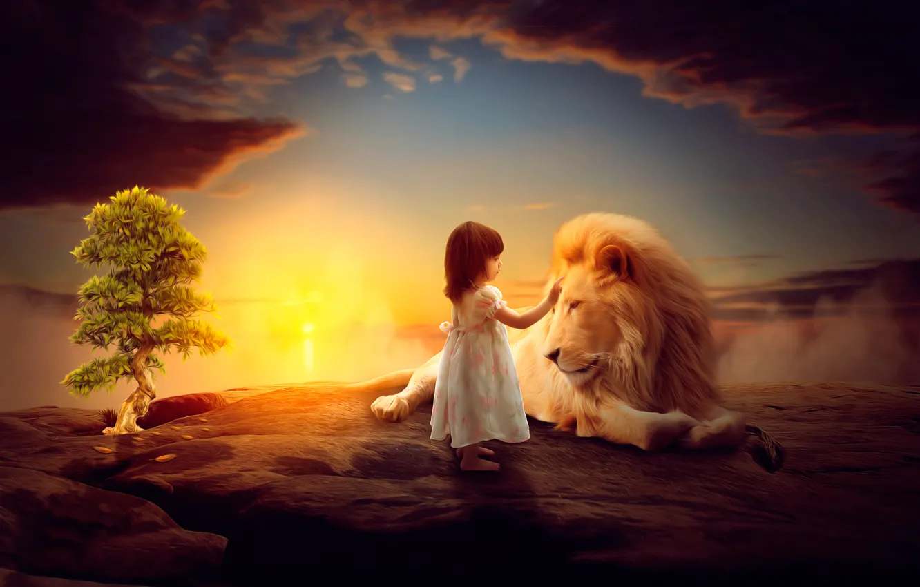 Фото обои лев, арт, девочка