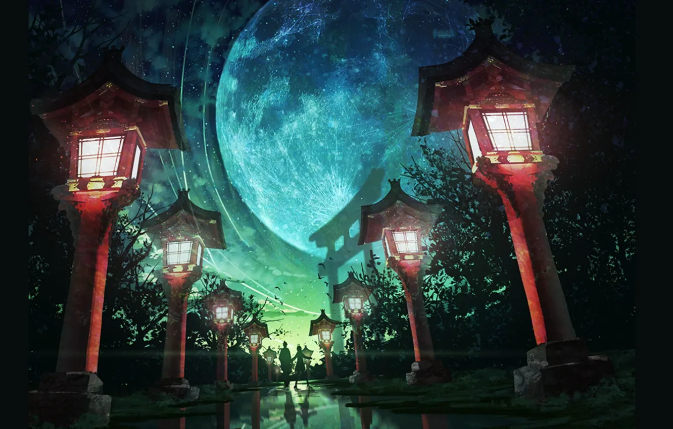Фото обои лето, ночь, Япония, фонари, дорожка, двое, полнолуние, аллея