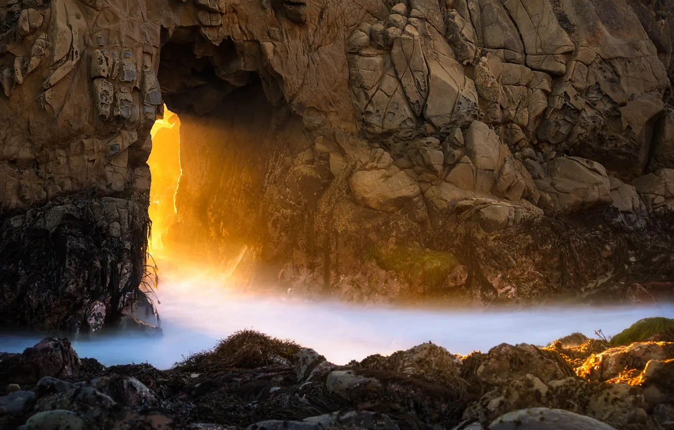 Фото обои скала, океан, California, Big Sur, McWay Falls, Julia Pfeiffer Burns State Park