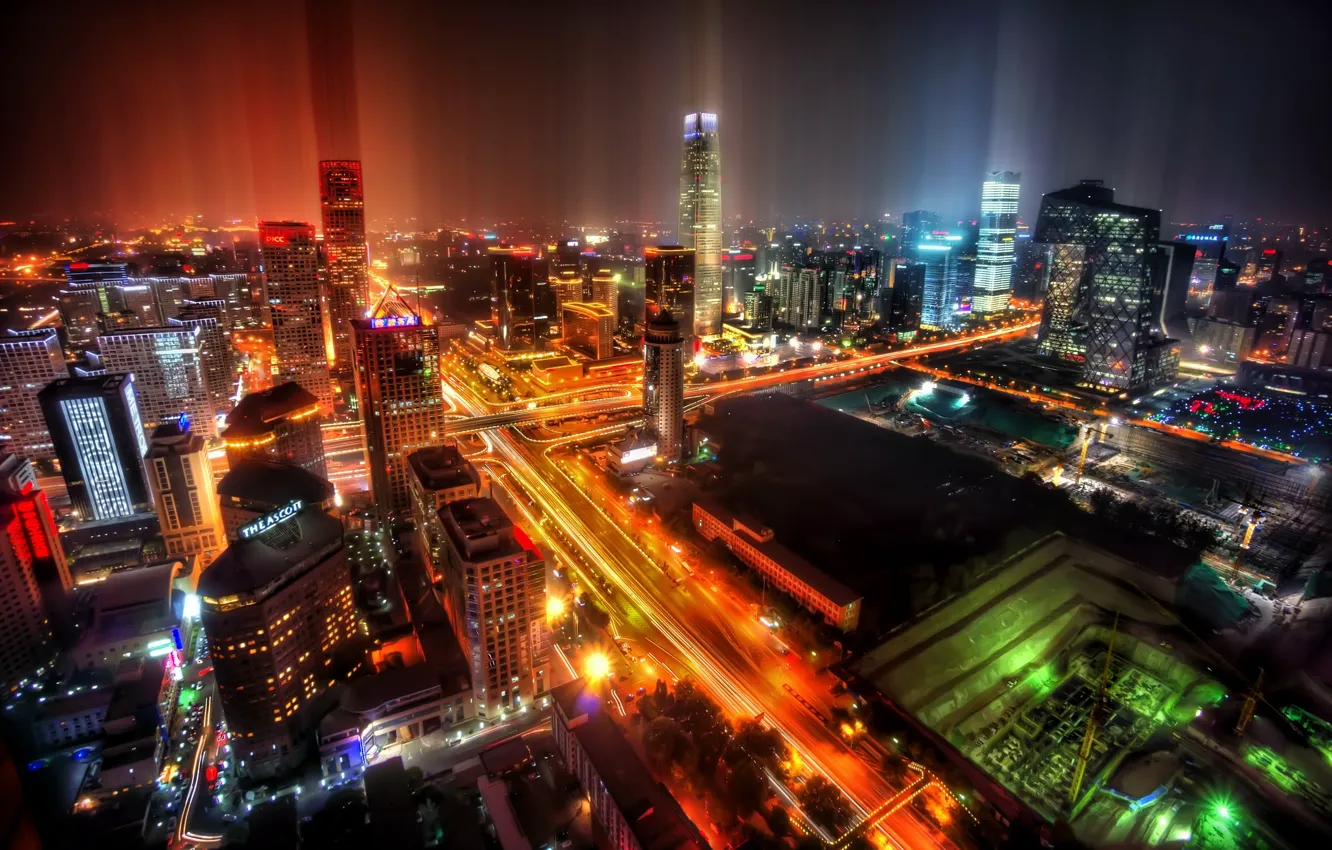 Фото обои ночь, город, китай, небоскребы, мегаполис, пекин, beijing