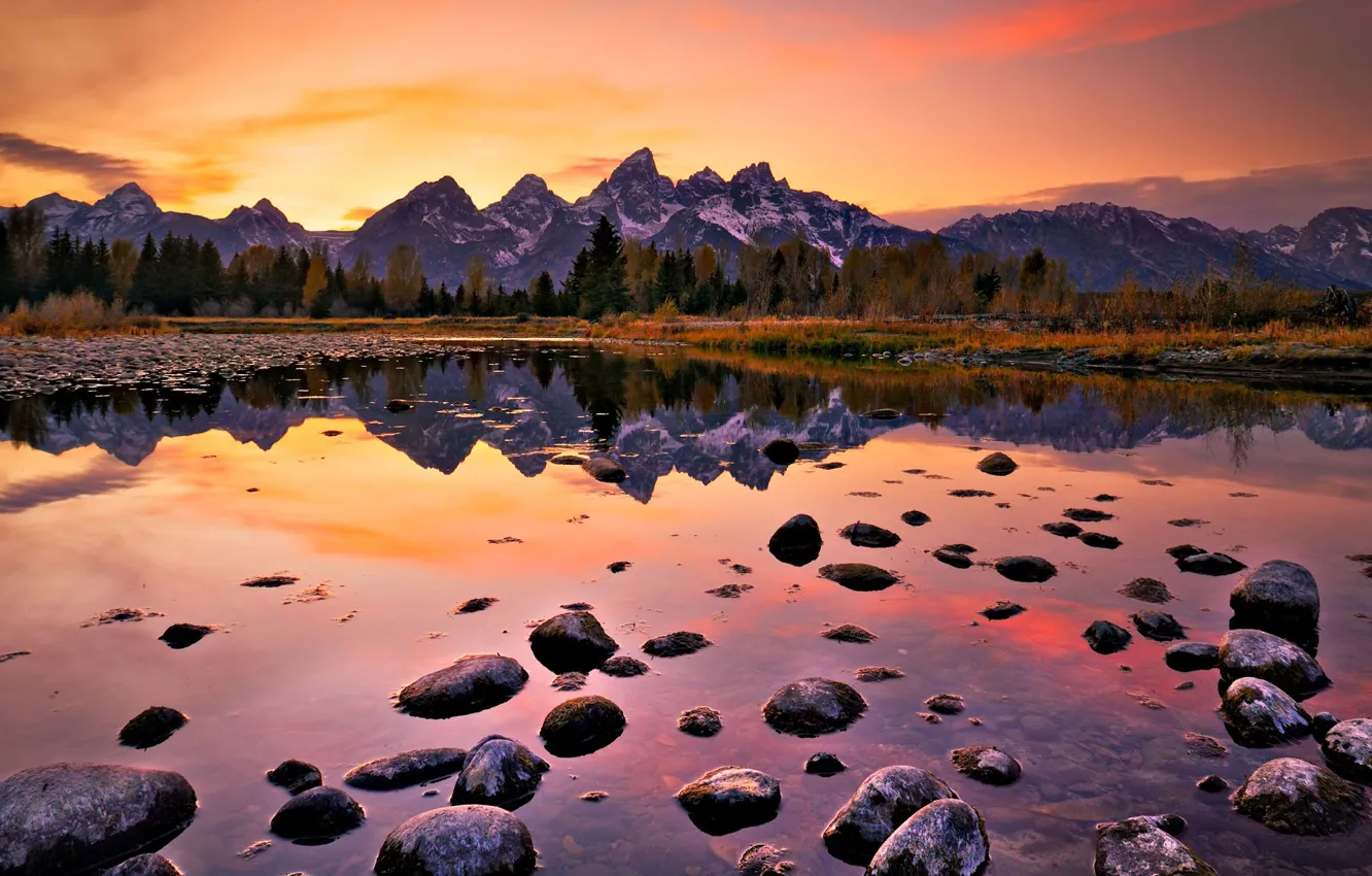 Фото обои пейзаж, закат, горы, озеро, камни