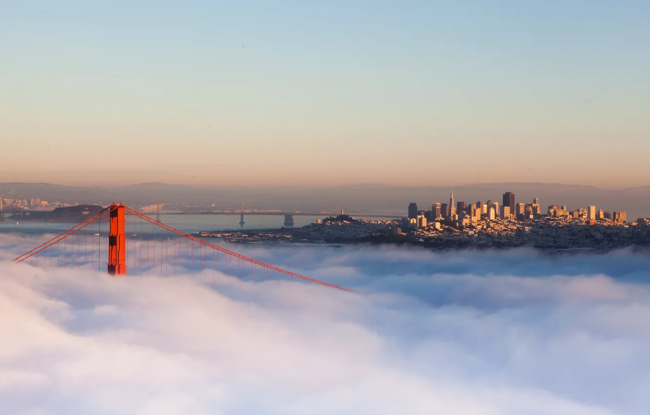 Фото обои мост, город, туман, утро, Калифорния, USA, California, San Francisco