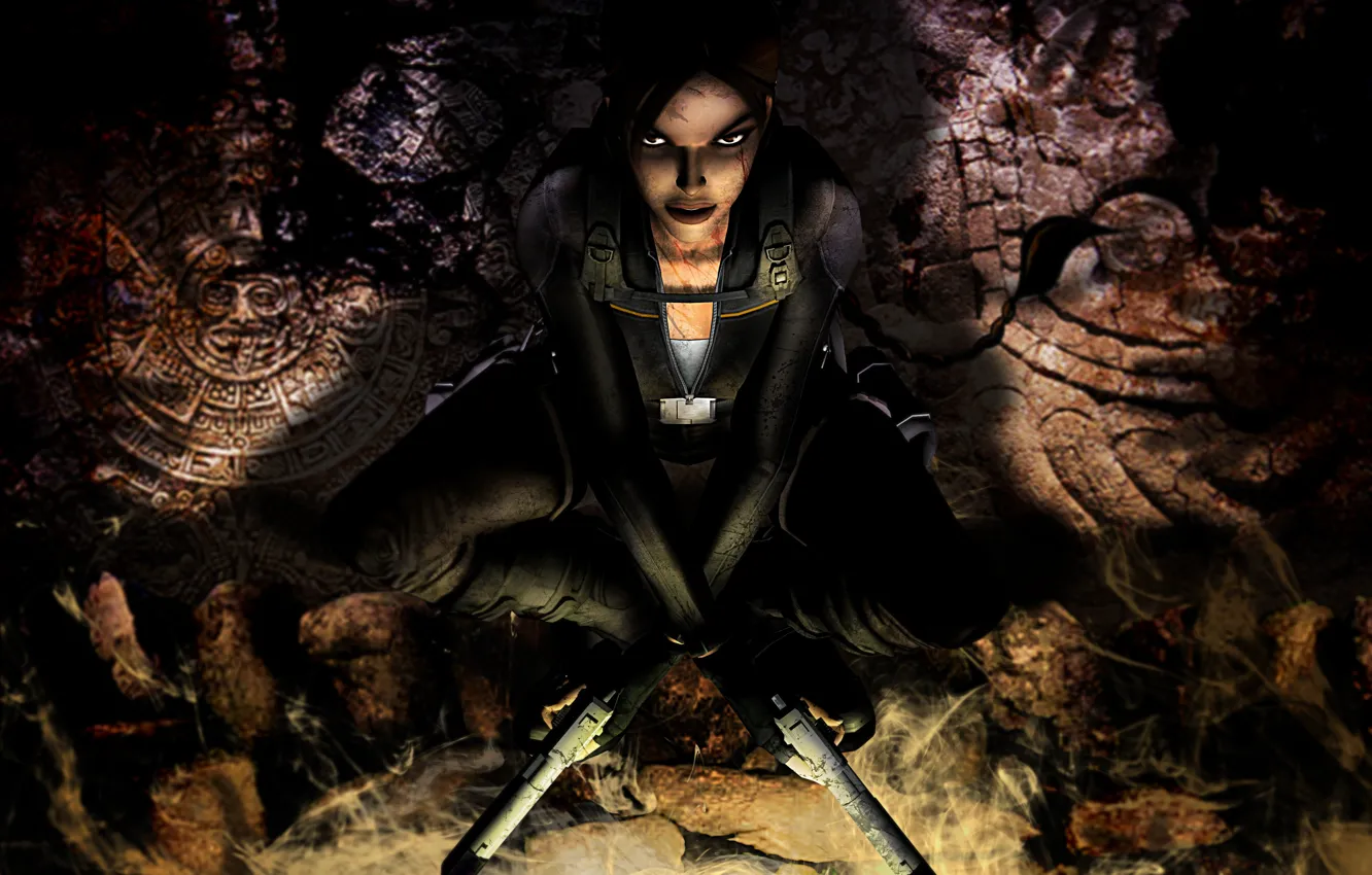 Фото обои Девушка, Взгляд, Костюм, Оружие, Tomb Raider, Темнота, Square Enix, Lara Croft
