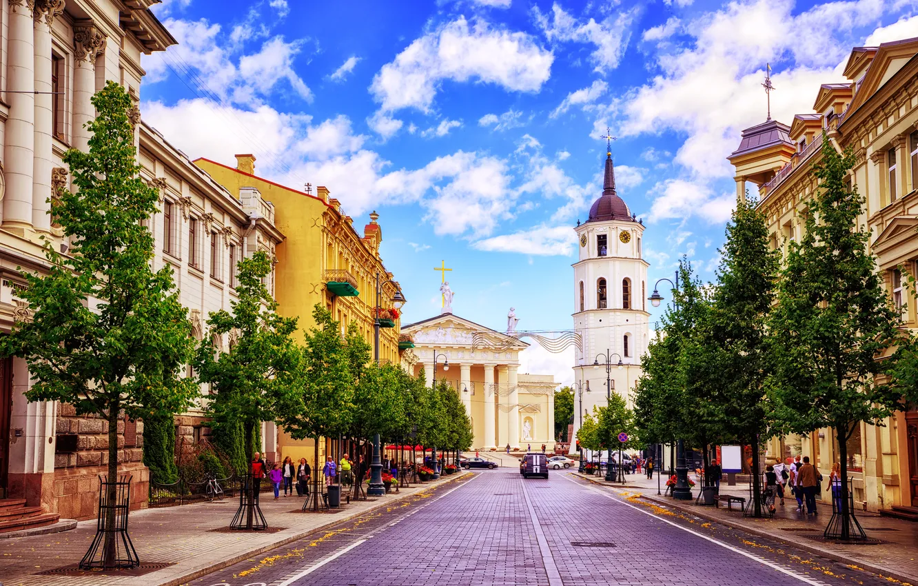 Фото обои white, tower, tree, traffic, town, urban, travel, vilnius