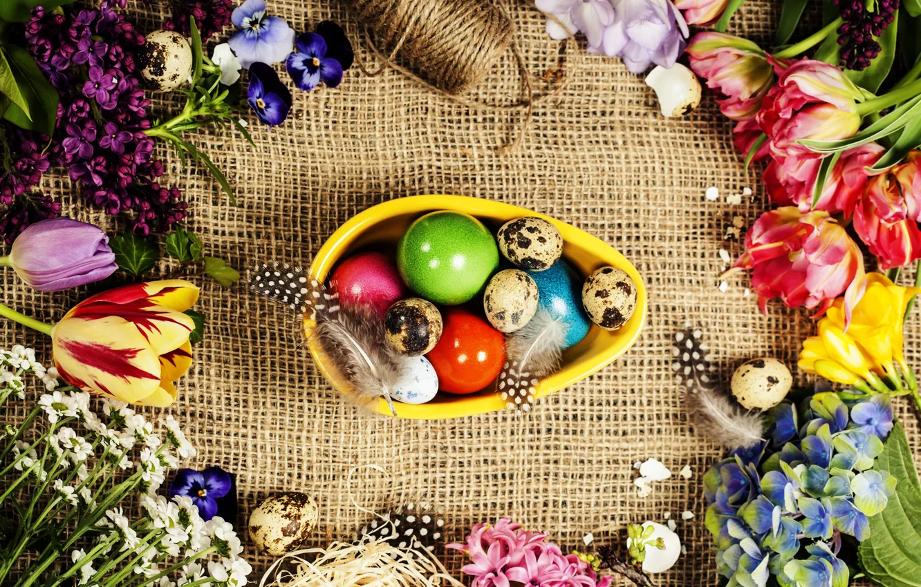 Фото обои цветы, яйца, весна, рамка, colorful, Пасха, happy, мешковина