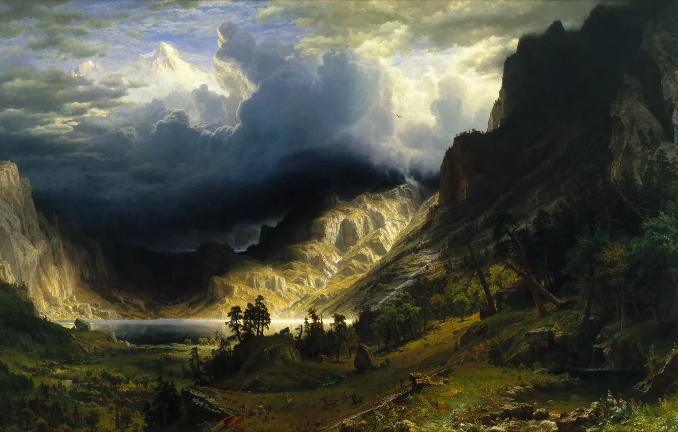 Фото обои картина, живопись, painting, Albert Bierstadt, A Storm in the Rocky Mountains, Mt.Rosalie