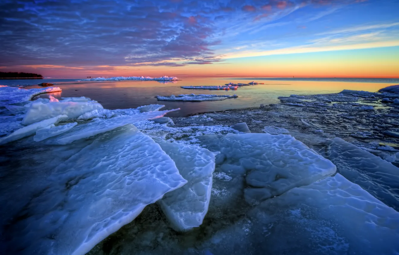 Фото обои зима, море, рассвет, утро, льдины
