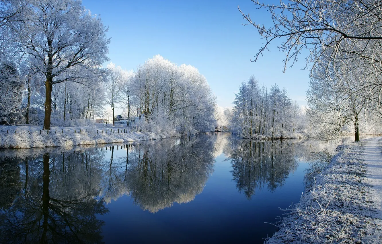 Фото обои зима, иней, снег, деревья, река