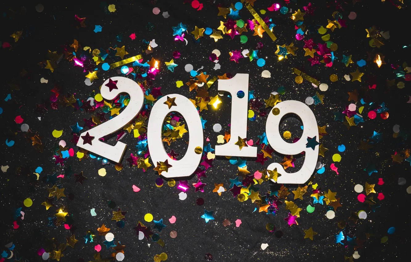 Фото обои colorful, Новый Год, цифры, happy, New Year, конфетти, confetti, 2019