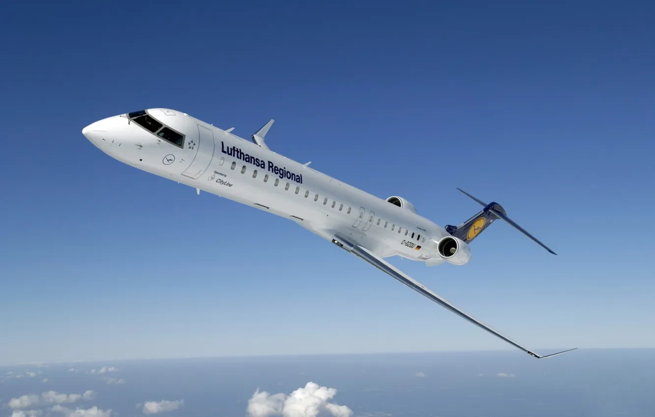 Фото обои Самолет, Крылья, Авиация, Lufthansa, Bombardier, В Воздухе, Авиалайнер, CRJ900