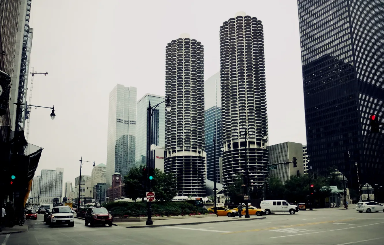 Фото обои машины, город, улица, небоскребы, Чикаго, Иллиноис, парковки