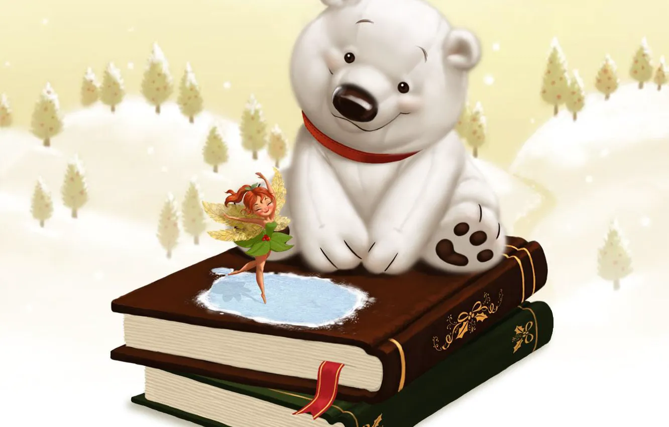 Фото обои зима, снег, детство, сказка, фея, подарки, книги. белый мишка
