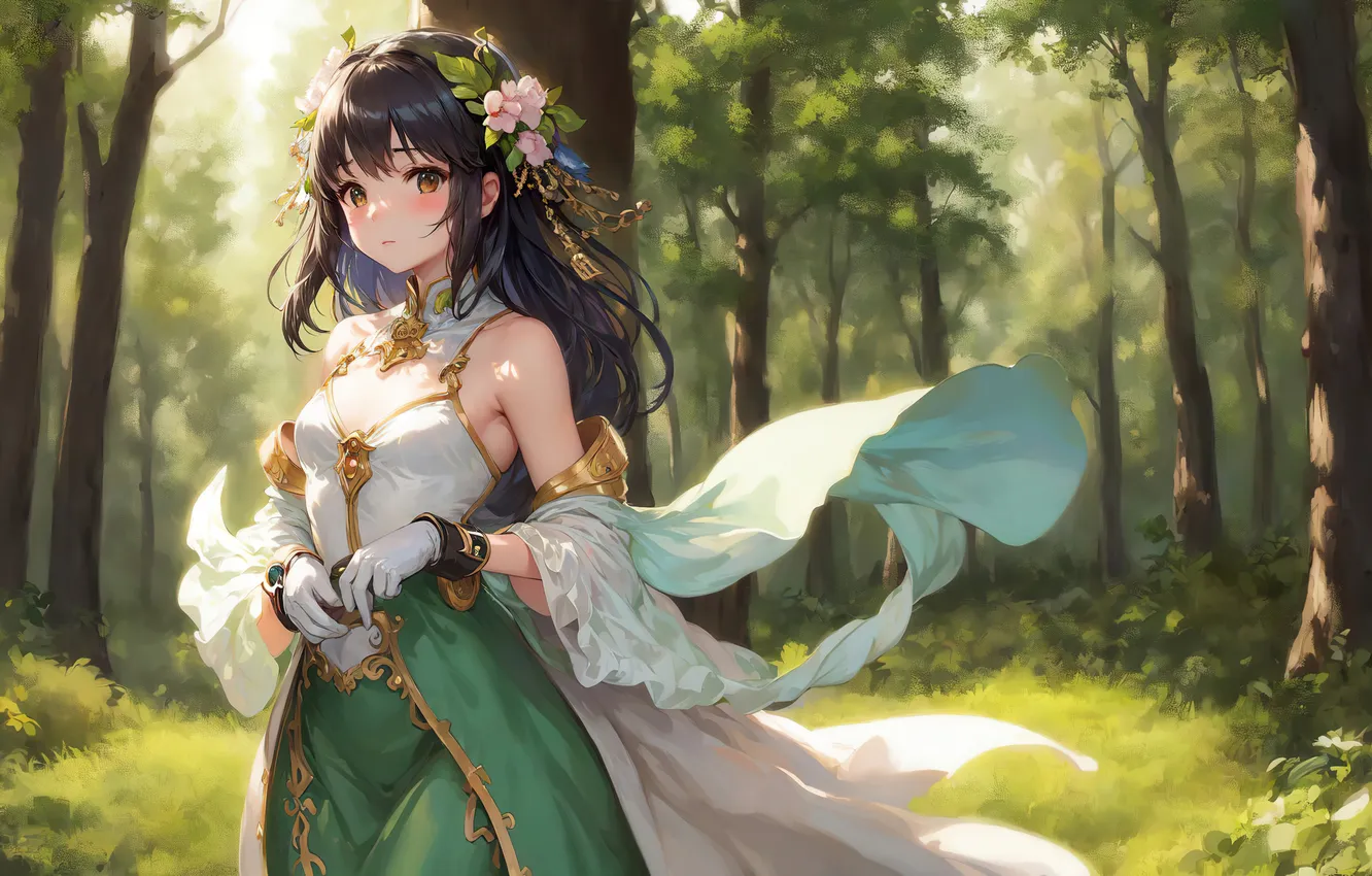 Фото обои girl, dress, nature, anime, painting, digital art, fantasy art, fantasy girl