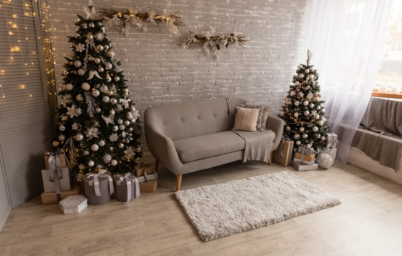 Фото обои украшения, елки, новый год, рождество, интерьер, подарки