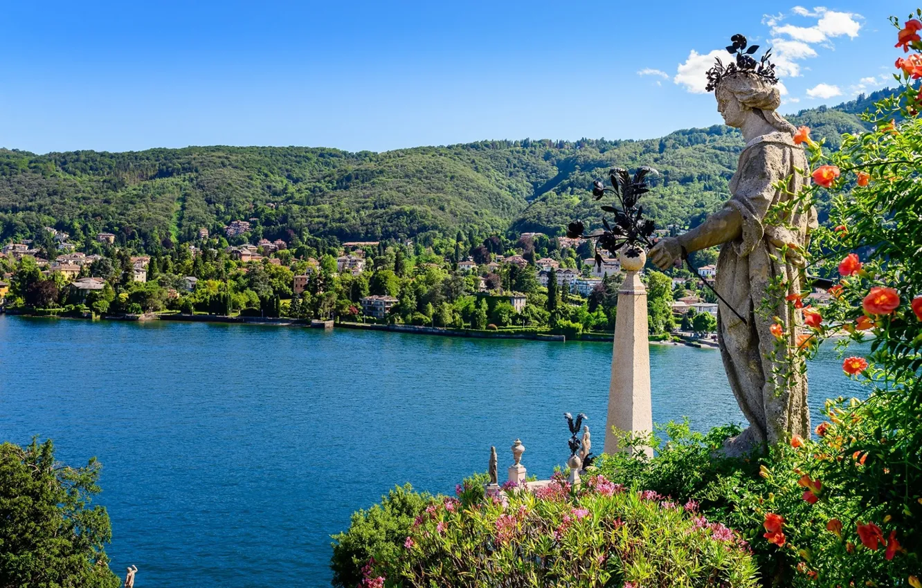 Фото обои цветы, озеро, остров, Италия, статуя, Лаго-Маджоре, Isola Bella
