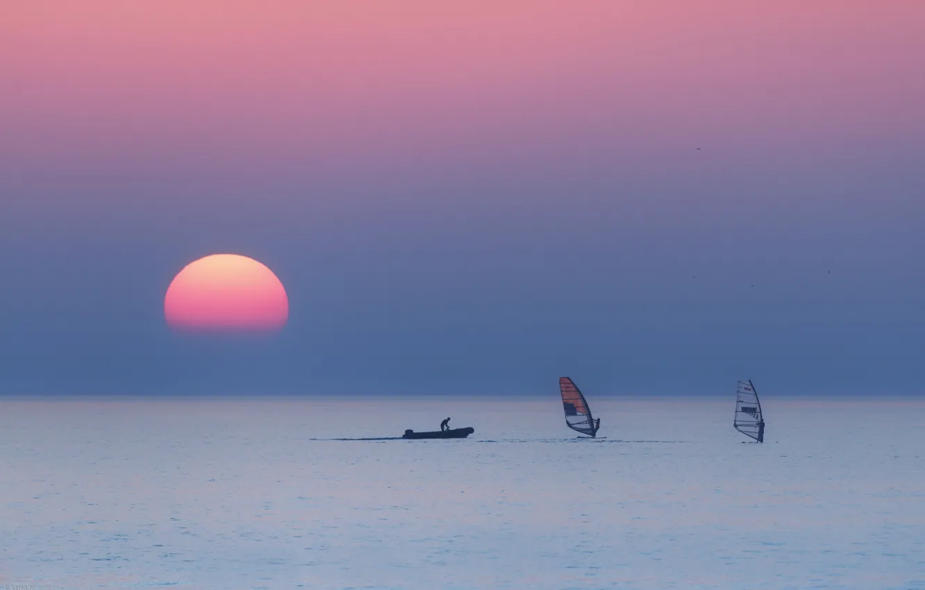 Фото обои море, Солнце, катер, sea, sun, виндсерфинг, boat, windsurfing