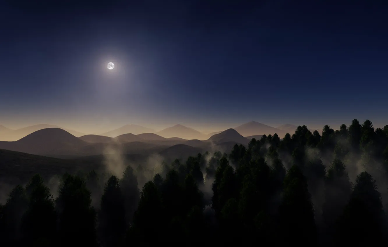 Фото обои деревья, горы, туман, луна, Лес, сумерки