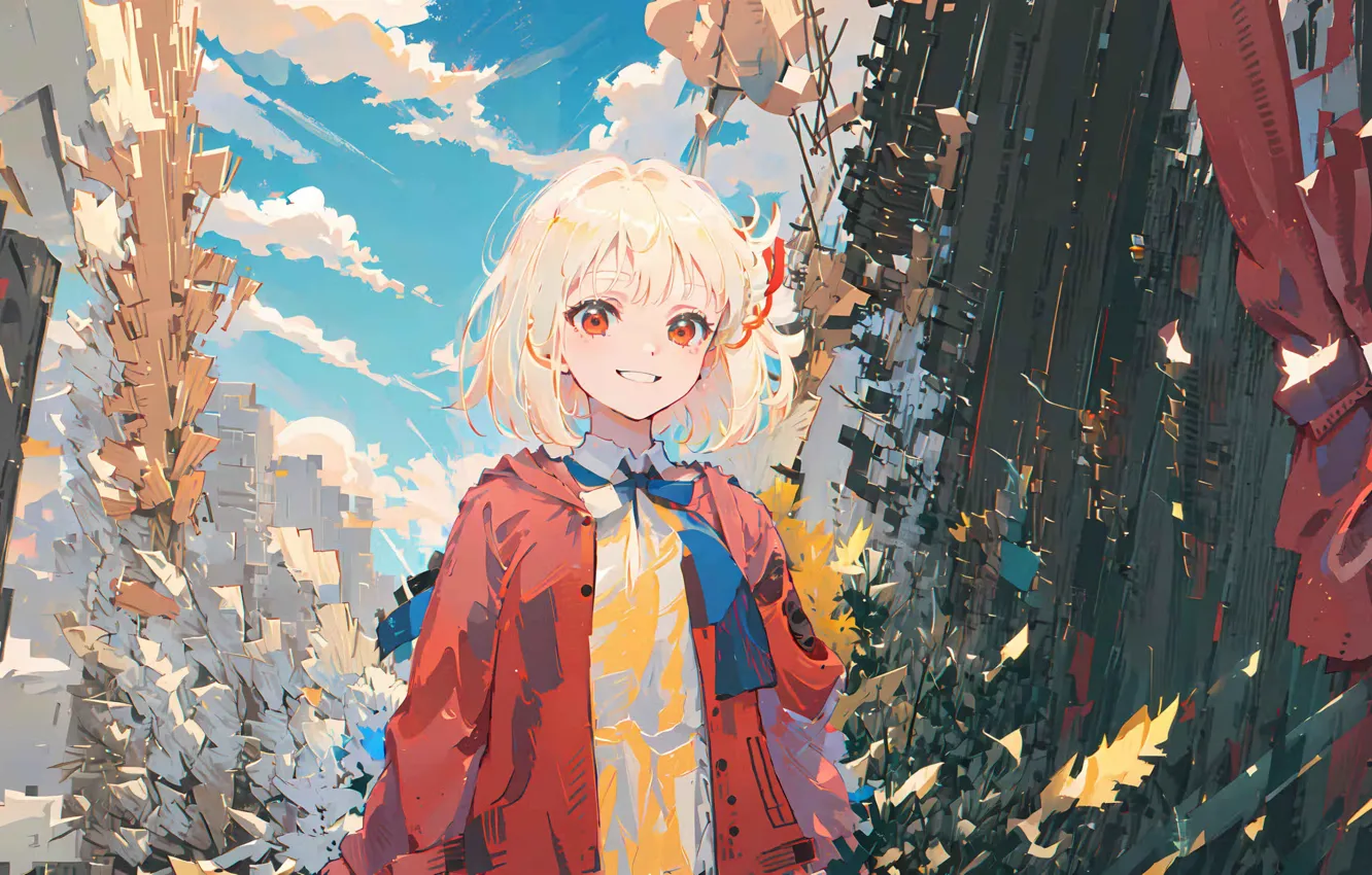 Фото обои небо, облака, позитив, аниме, блондинка, девочка, anime, мультсериал