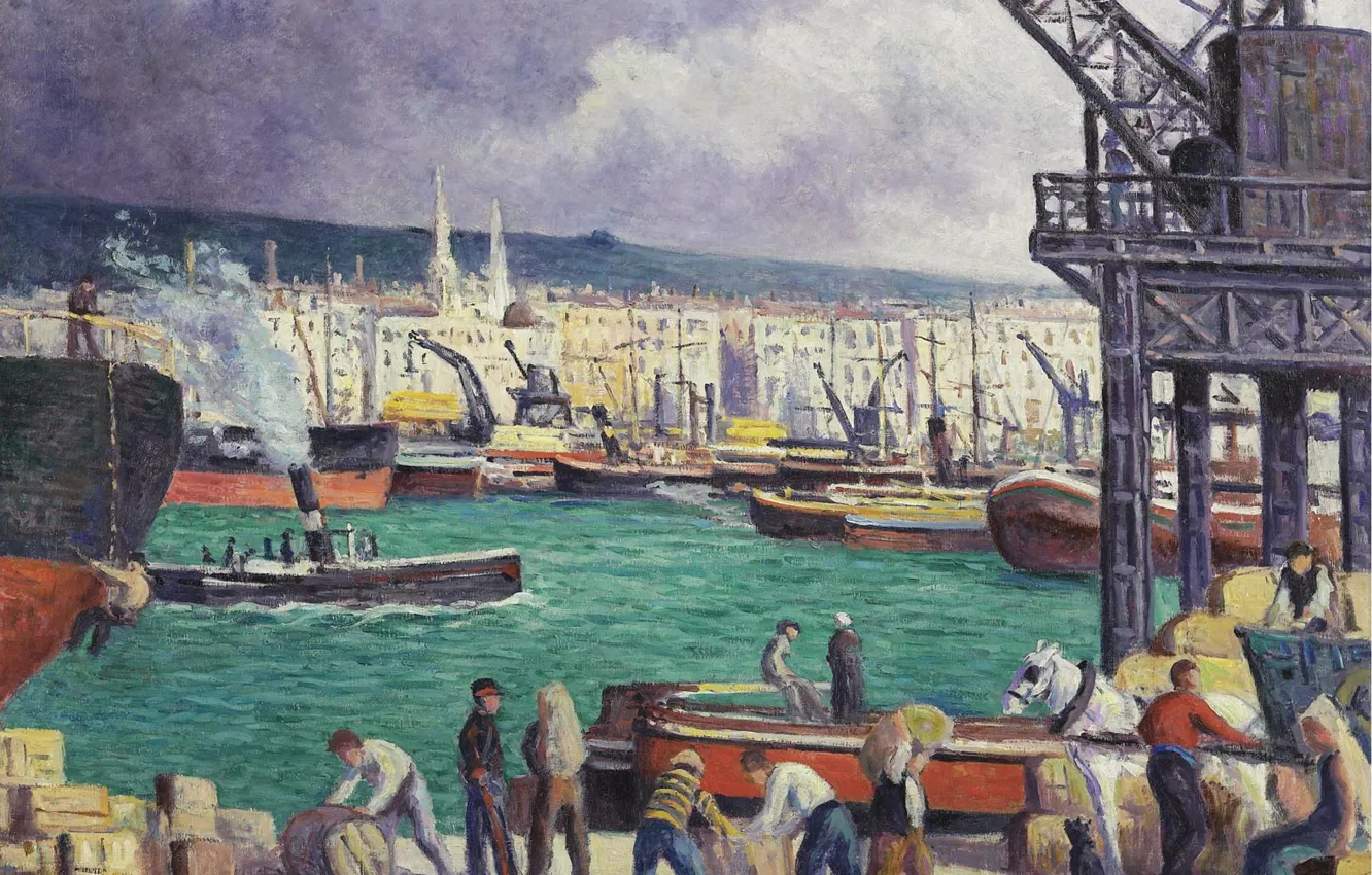 Фото обои картина, городской пейзаж, 1913, Максимильен Люс, Maximilien Luce, Руан. Порт
