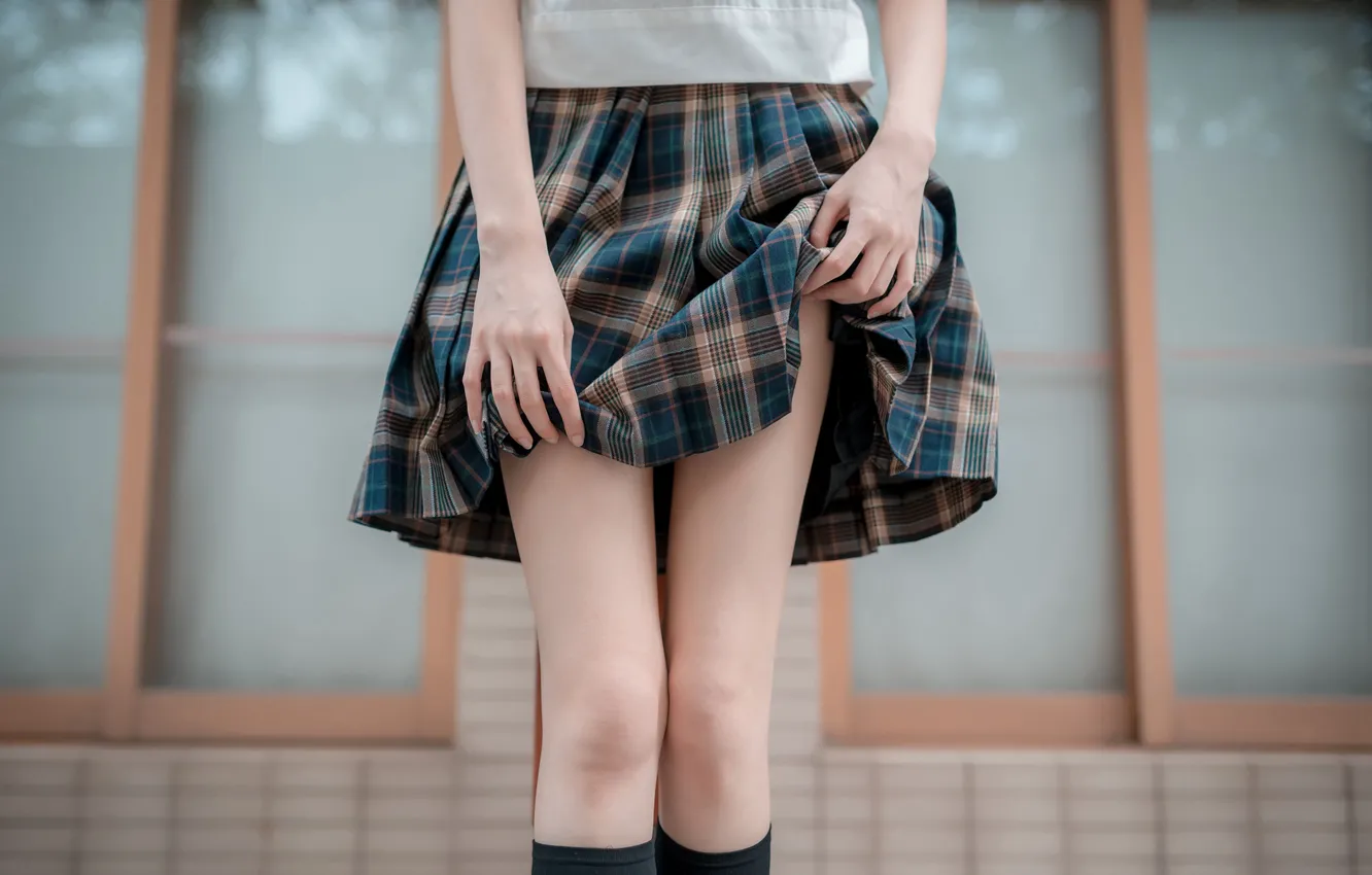 Фото обои Legs, Model, Woman, Skirt, Uniform, Close Up, Close Shot, Close Up Bottom