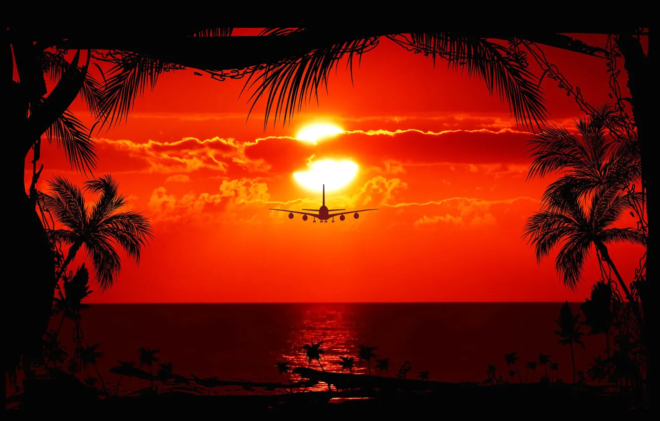 Фото обои море, небо, солнце, облака, закат, самолет, окно, лайнер