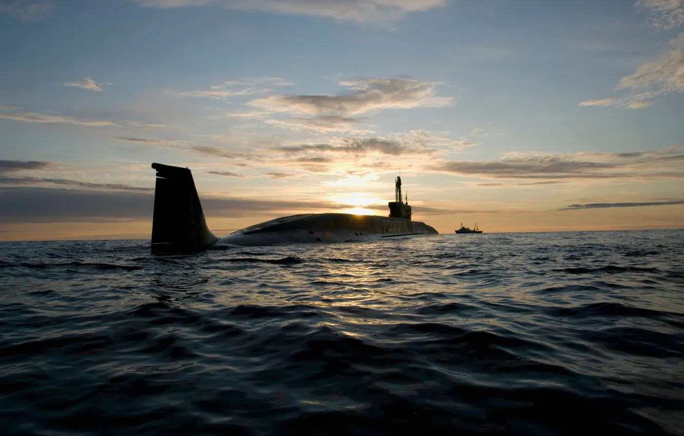 Фото обои море, закат, Россия, подводная лодка, проекта 955