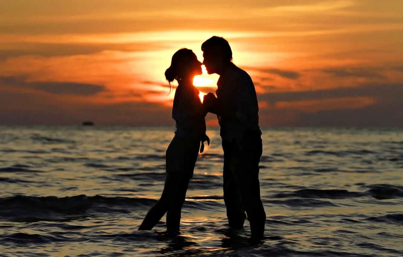 Фото обои море, любовь, закат, поцелуй, пара, love, sunset, people