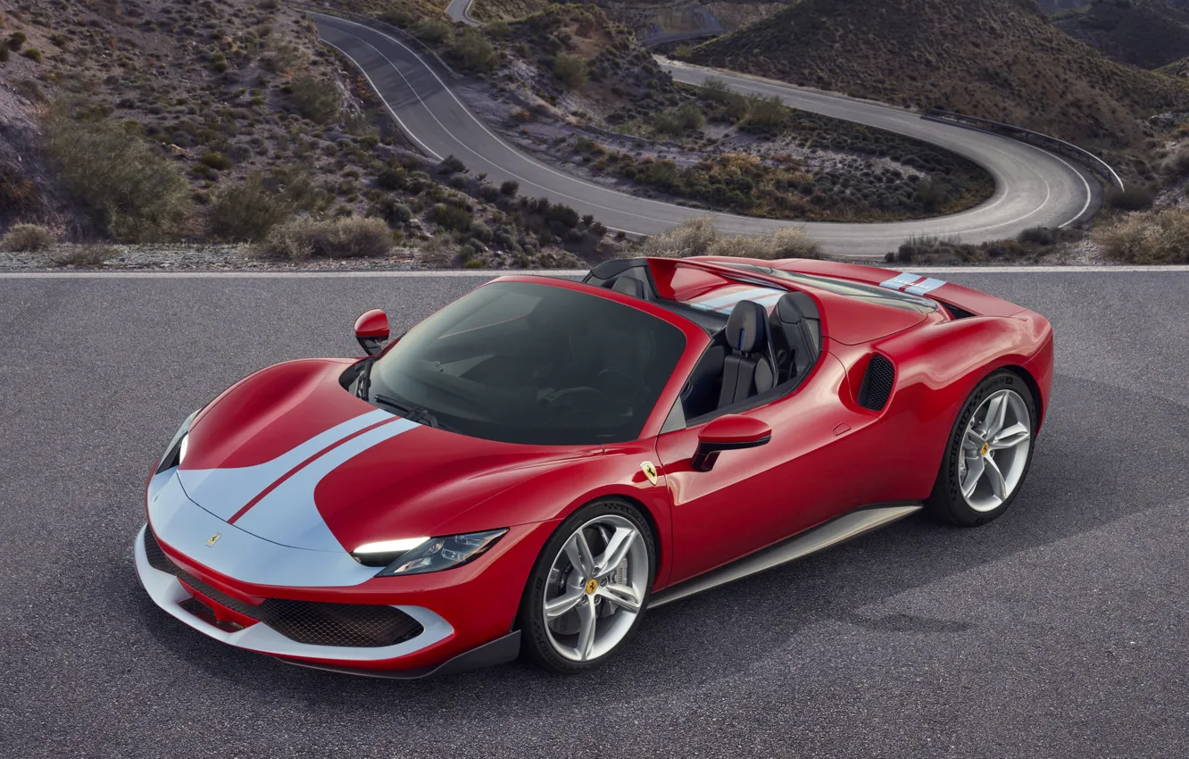 Фото обои Ferrari, Red, Mountain, Road, Sportcar, 2022, Assetto Fiorano, Ferrari 296 GTS