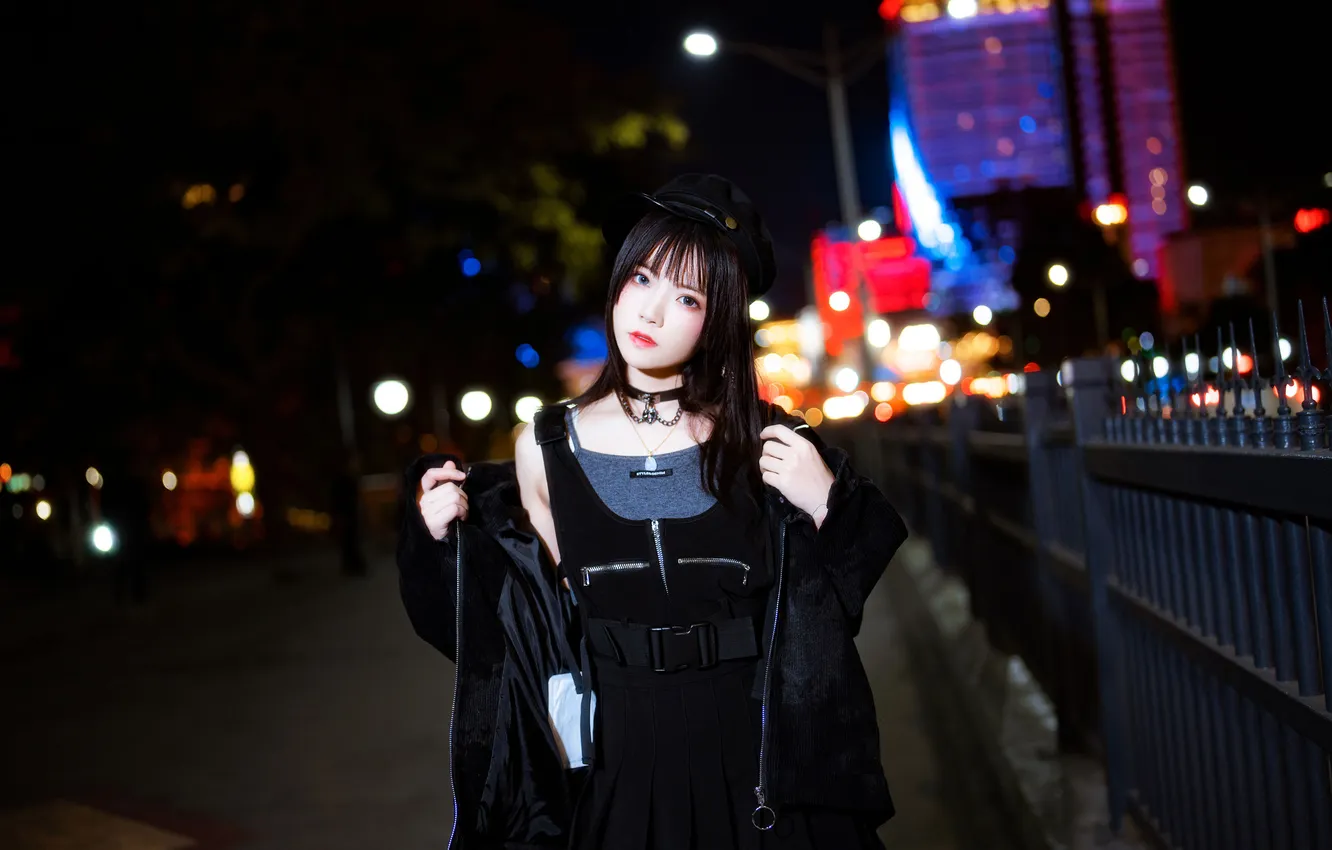 Фото обои Beautiful, Asian, Model, Lights, Night, Woman, Building, Road