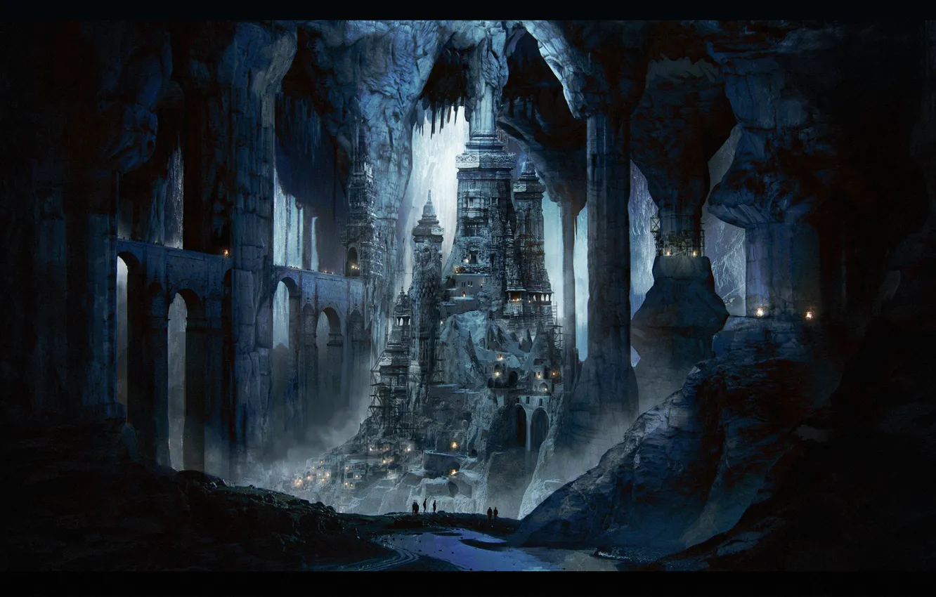 Фото обои огни, замок, скалы, человек, cave
