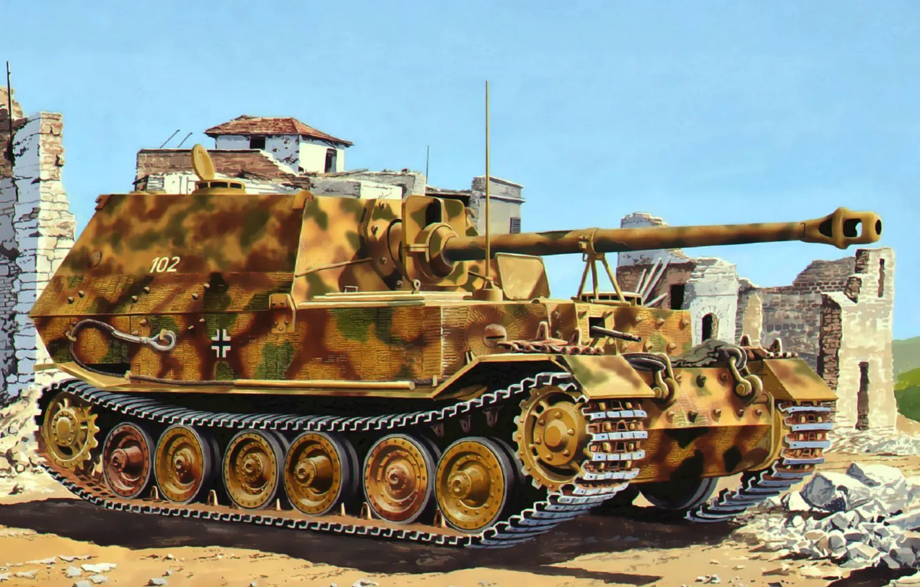 Фото обои war, art, painting, tank, ww2, Ferdinand/Elefant
