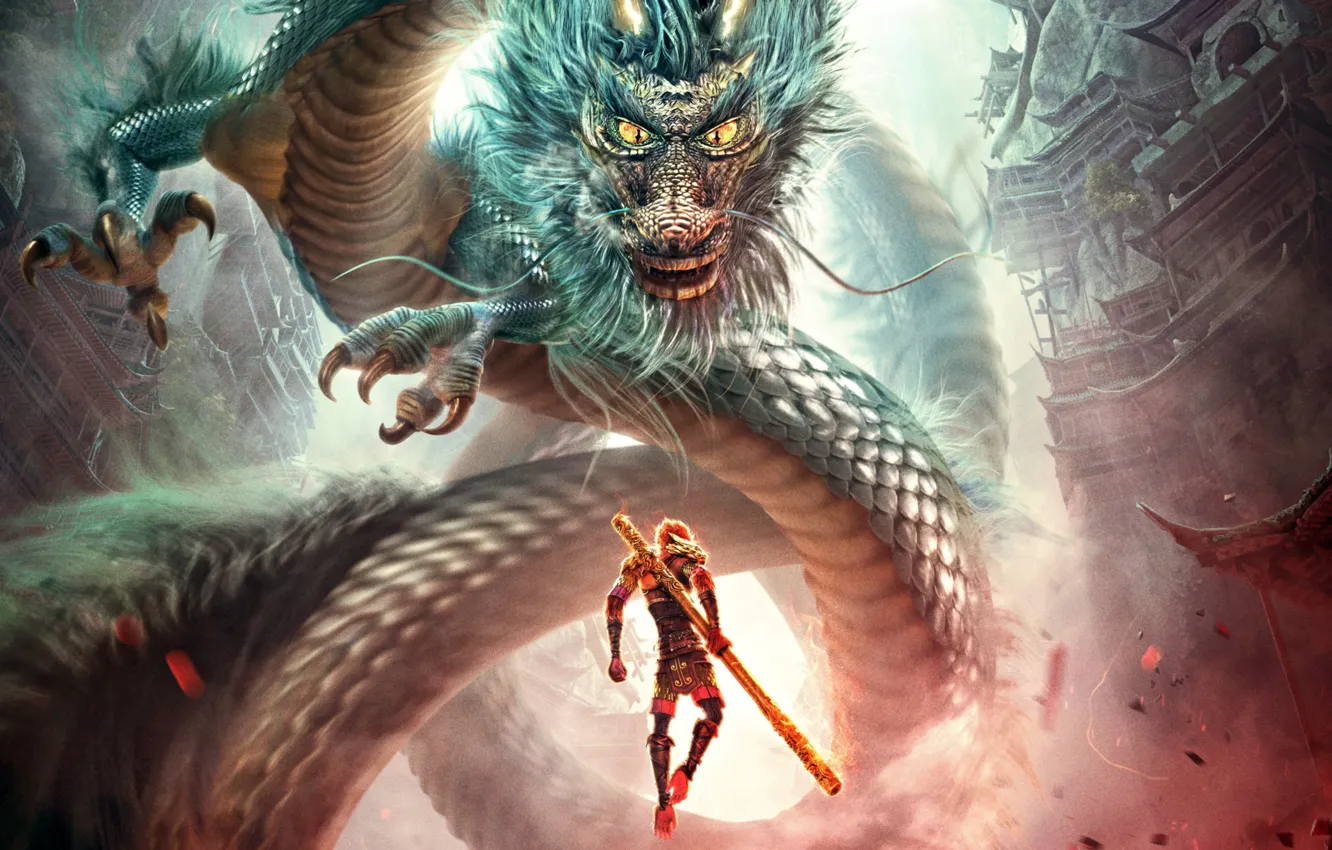 Фото обои fantasy, dragon, fantasy art, Monkey king