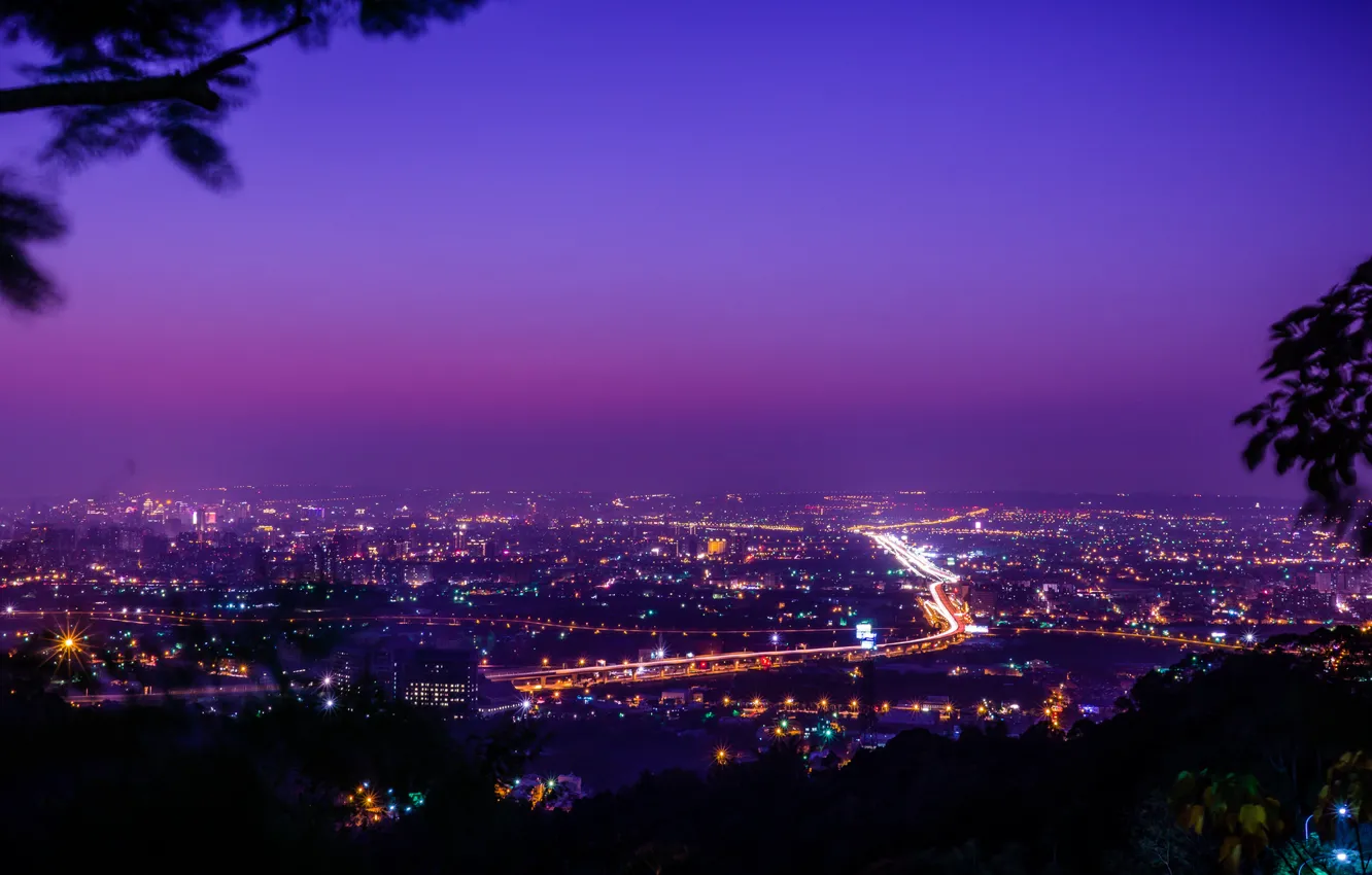 Фото обои небо, ночь, город, lights, освещение, панорама, Тайвань, sky