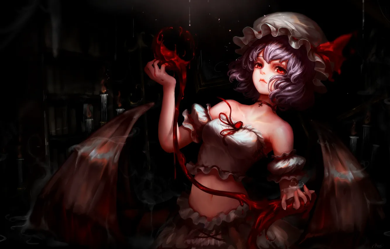 Фото обои тьма, кровь, свечи, красные глаза, подземелье, вампирша, черные крылья, Touhou Project