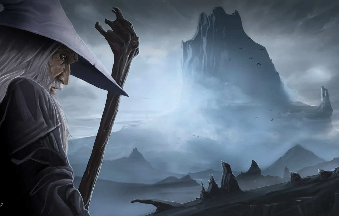 Фото обои гора, шляпа, арт, старик, посох, Гендальф, колдун, Gandalf