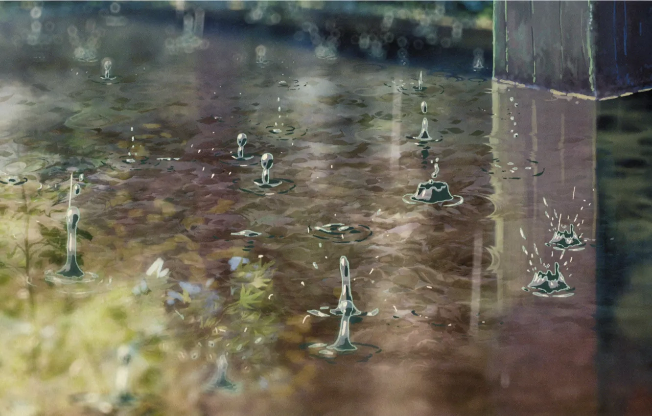 Фото обои капли, брызги, отражение, дождь, art, kotonoha no niwa, makoto shinkai, сад изящных слов