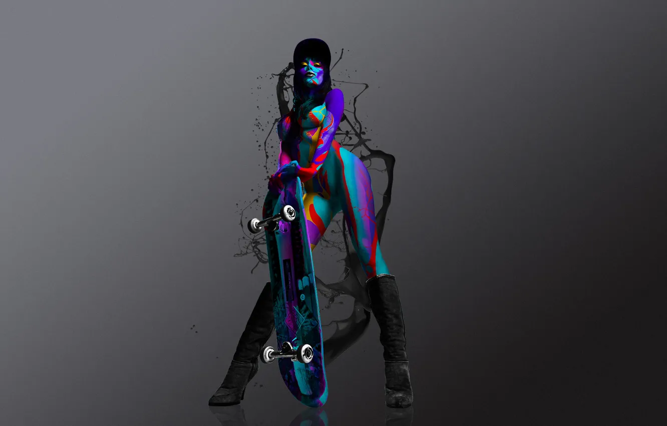 Фото обои девушка, краски, цветные, сапоги, кляксы, кепка, скейтборд