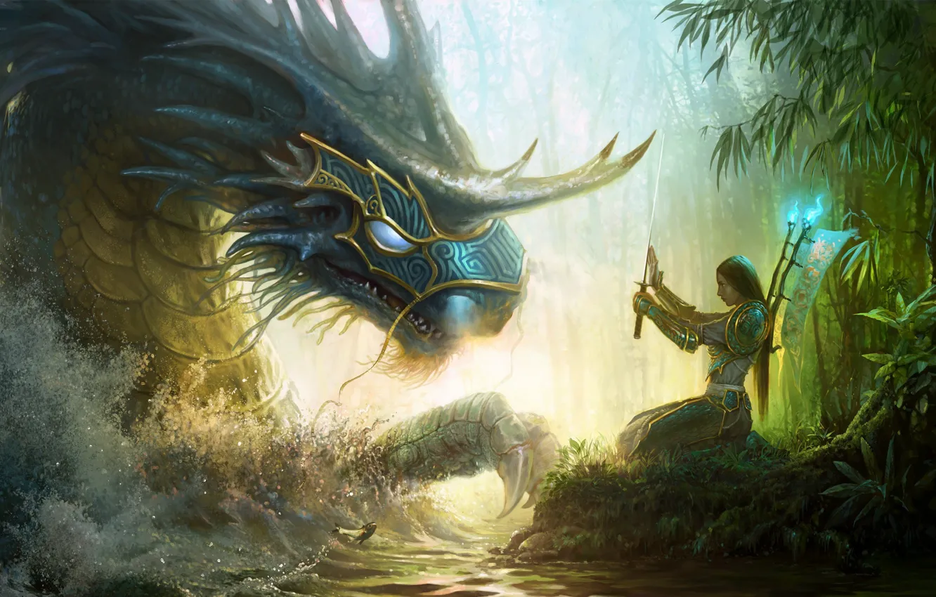 Фото обои girl, sword, fantasy, forest, Dragon, river, armor, art