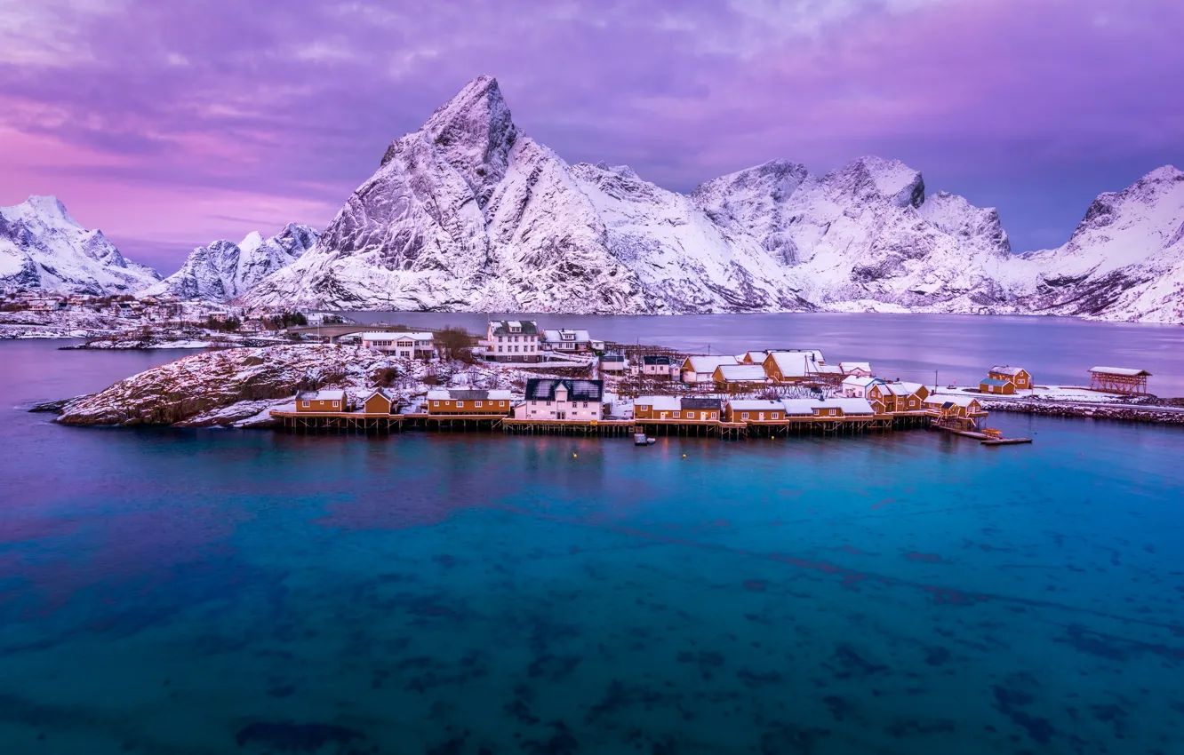 Фото обои зима, море, небо, облака, снег, горы, Норвегия, залив