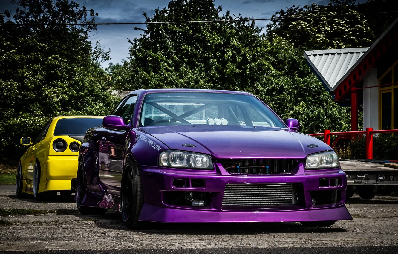 Фото обои Skyline, Yellow, R34, Violet