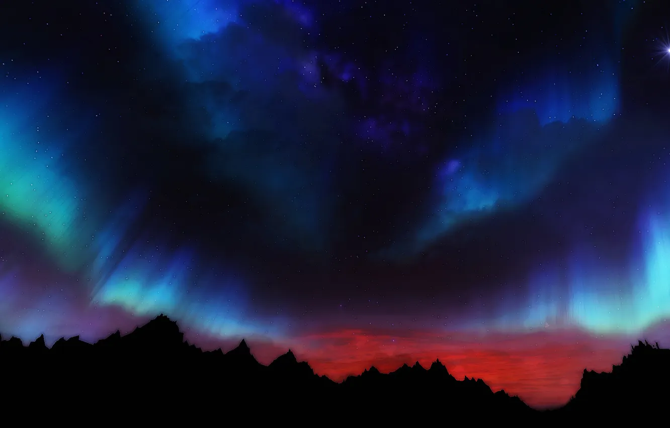Фото обои небо, звезды, пейзаж, игра, силуэты, Skyrim, The Elder Scrolls V, Скайрим
