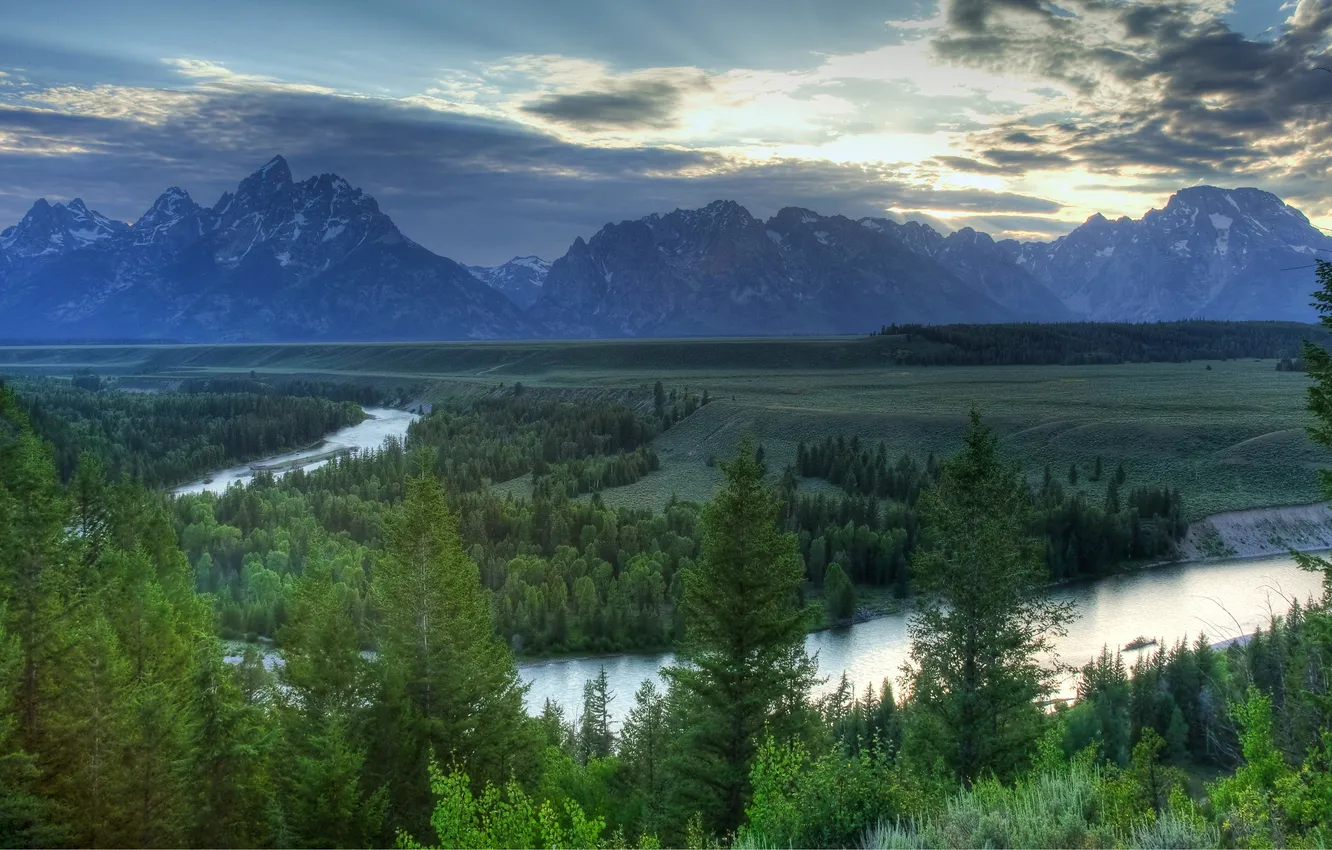 Фото обои лес, небо, облака, горы, природа, река, вечер, Wyoming