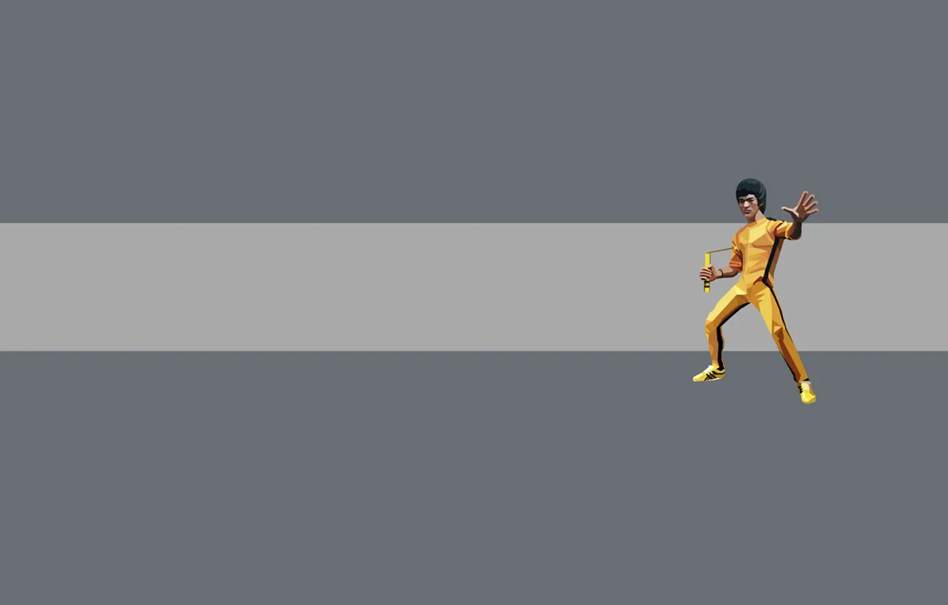 Фото обои желтый, полоса, человек, минимализм, серый фон, Bruce Lee, Брюс Ли, кунг-фу