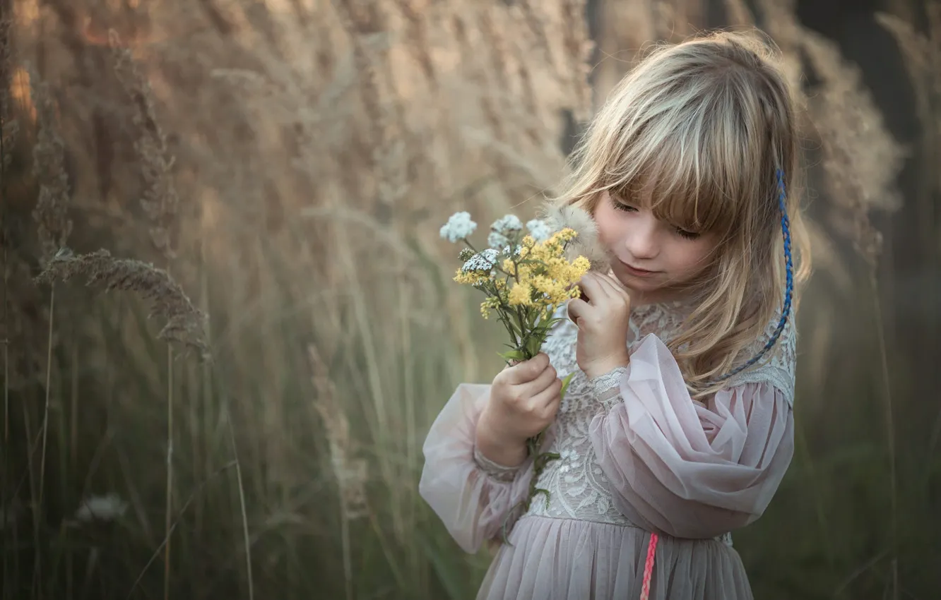 Фото обои природа, платье, девочка, травы, ребёнок, букетик, Marta Obiegla